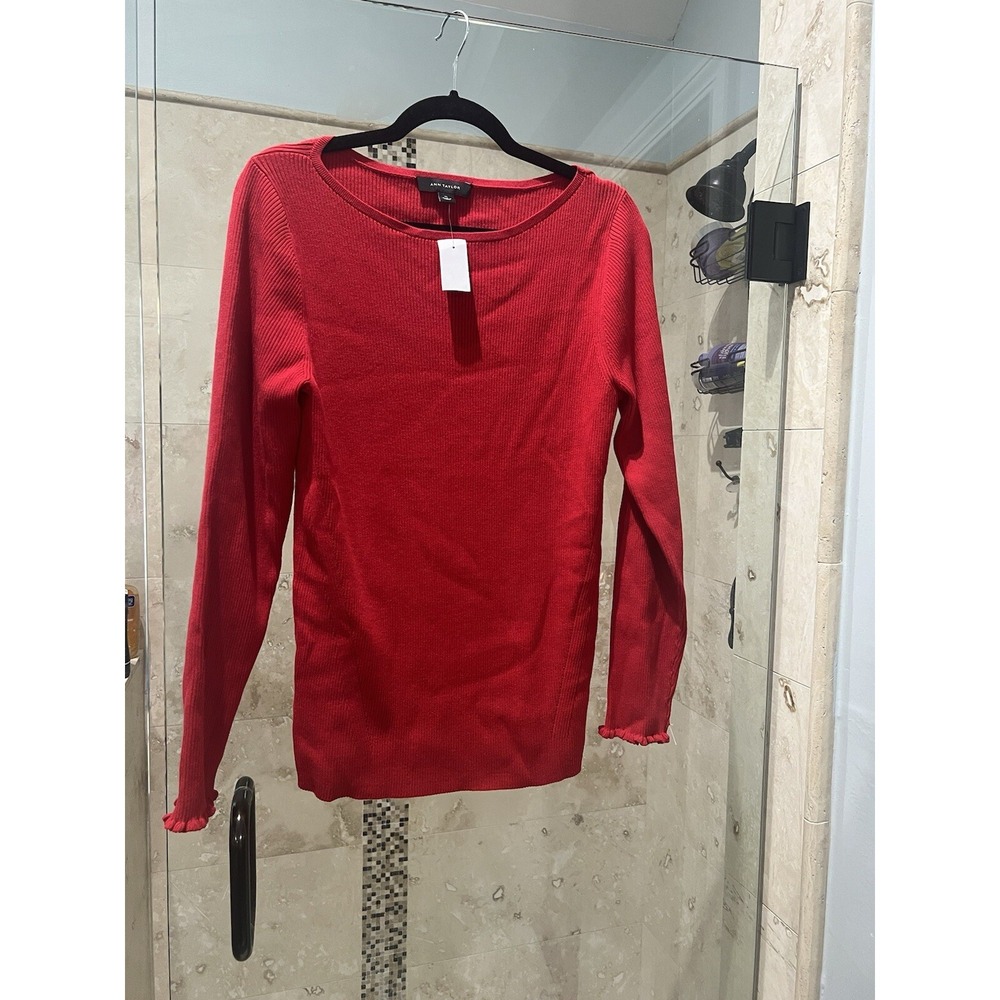 Ann Taylor Red Ribbed Ruffle Cuff Christmas Sweater XL NWT 524585